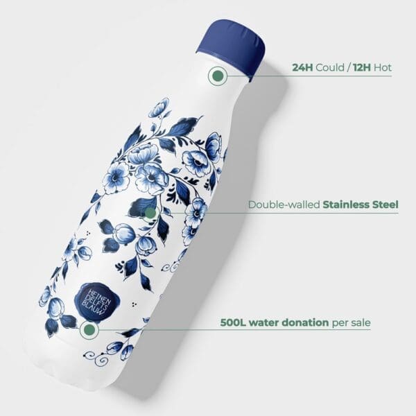 Trinkflasche / Thermoskanne 500ml x Delfter Blau - Inklusive Luxusverpackung