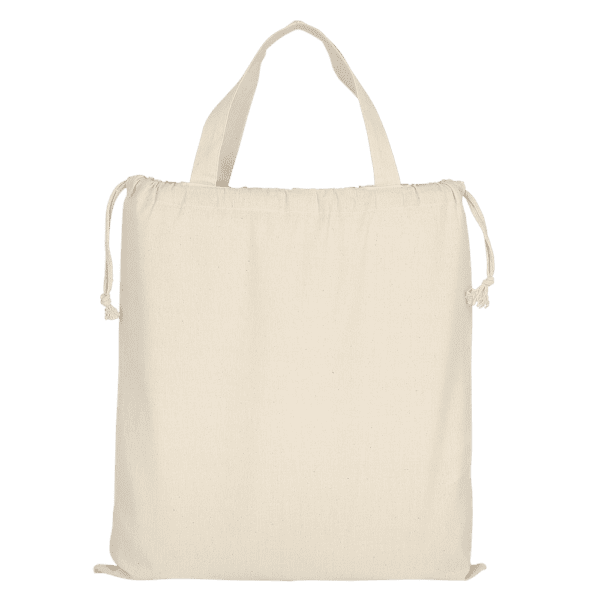 Baumwolltasche - OEKO-TEX® mit doppeltem Kordelzug und mit zwei kurzen Henkeln,  ca. 140 g/m²