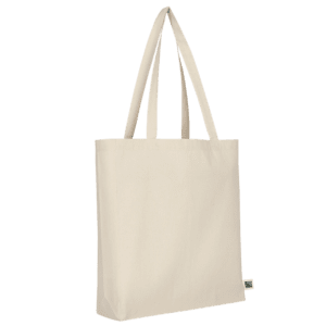 Tasche aus Fairtrade-zertifizierter Baumwolle mit 2 langen Henkeln, Boden- und Seitenfalte, ca. 140 g/m²