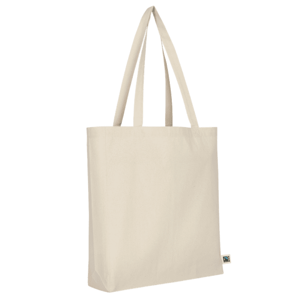 Tasche aus Fairtrade-zertifizierter Baumwolle mit 2 langen Henkeln, Boden- und Seitenfalte, ca. 140 g/m²