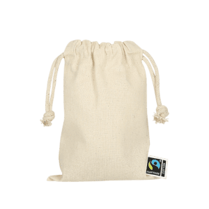 Zuziehbeutel aus Fairtrade-zertifizierter Baumwolle, 10 x 14 cm, ca. 140 g/m²