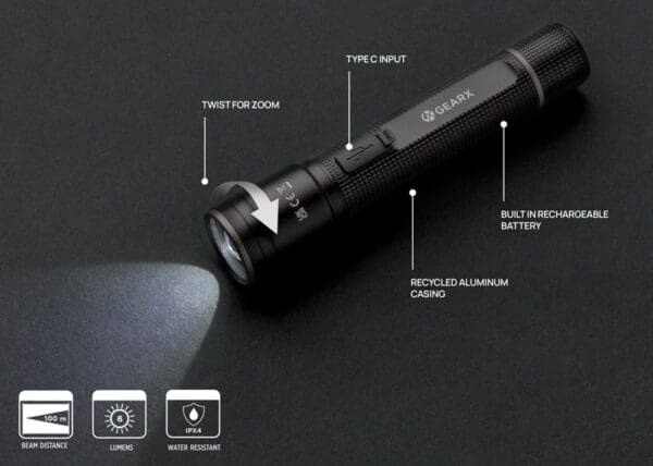 Taschenlampe Gear X aus RCS recycelt. Aluminium mit USB-Akku