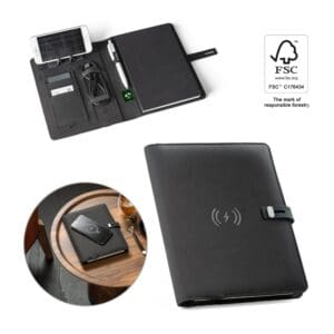 EMERGE A5 FOLDER. A5 Mappe aus 300D recyceltem Polyester (100% rPET) mit kabellosem Ladegerät