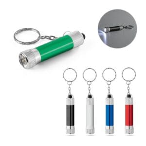Schlüsselanhänger RE-LERGAN. aus Aluminium (92% recycelt) mit 3-Licht-LED-Taschenlampe