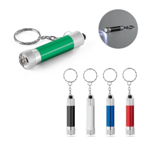 Schlüsselanhänger RE-LERGAN. aus Aluminium (92% recycelt) mit 3-Licht-LED-Taschenlampe