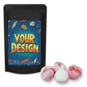 Erdbeer-Joghurt Bonbons, ca. 80g, Standbeutel Midi schwarz