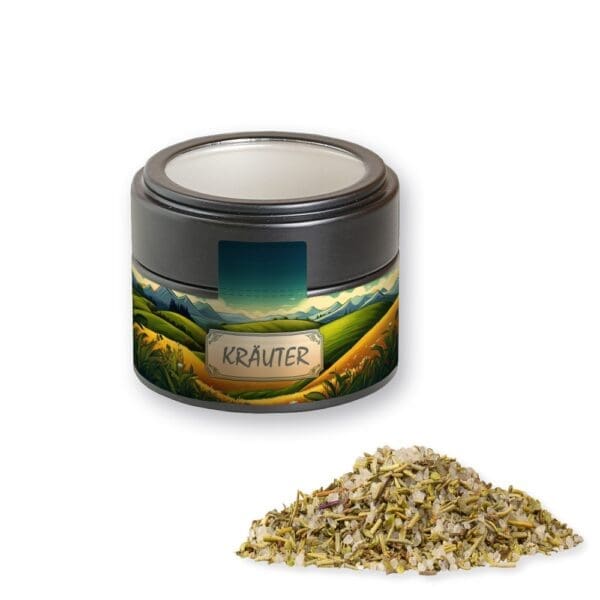Gewürzmischung Kräutersalz, ca. 75g, Metalldose Mini mit Sichtfenster schwarz