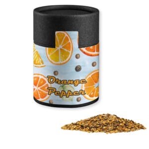 Gewürzmischung Orangen-Pfeffer, ca. 75g, Kraftpapierdose Midi schwarz