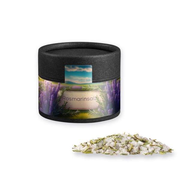 Gewürzmischung Rosmarin-Salz, ca. 52g, Kraftpapierdose Mini schwarz