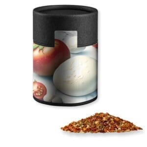 Gewürzmischung Tomate-Mozzarella, ca. 50g, Kraftpapierdose Midi schwarz