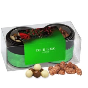 Knusper Weihnachtsset mit feuergebrannten Mandeln und Knusperkugeln im MIx, ca. 105g, Metalldose Mini mit Sichtfenster im 2er Set