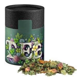 Kräutertee Glücksgefühle, ca. 30g, Kraftpapierdose Midi schwarz