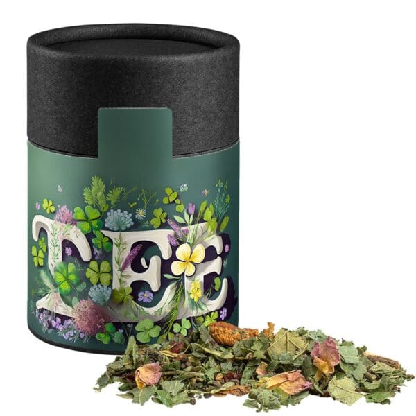 Kräutertee Glücksgefühle, ca. 30g, Kraftpapierdose Midi schwarz