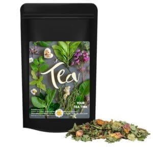 Kräutertee Glücksgefühle, ca. 35g, Standbeutel Midi schwarz