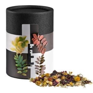 Kräutertee Vierjahreszeiten, ca. 25g, Kraftpapierdose Midi schwarz