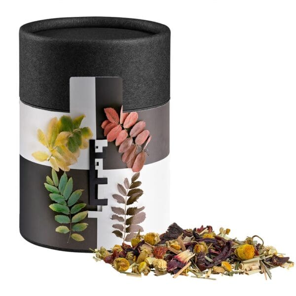 Kräutertee Vierjahreszeiten, ca. 25g, Kraftpapierdose Midi schwarz