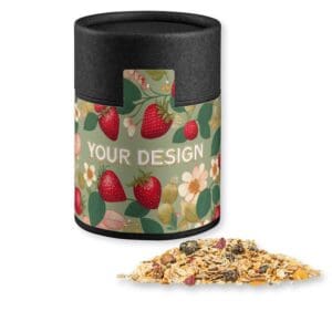 Müsli Erdbeerchen, ca. 60g, Kraftpapierdose Midi schwarz