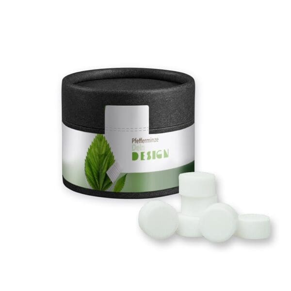 Pfefferminz Drops zuckerfrei, ca. 40g, Kraftpapierdose Mini schwarz