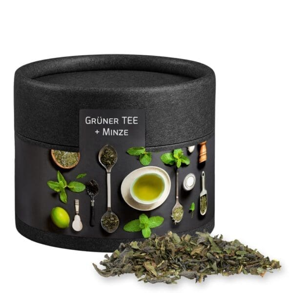 Tee Grüner mit Minze, ca. 10g, Kraftpapierdose Mini schwarz