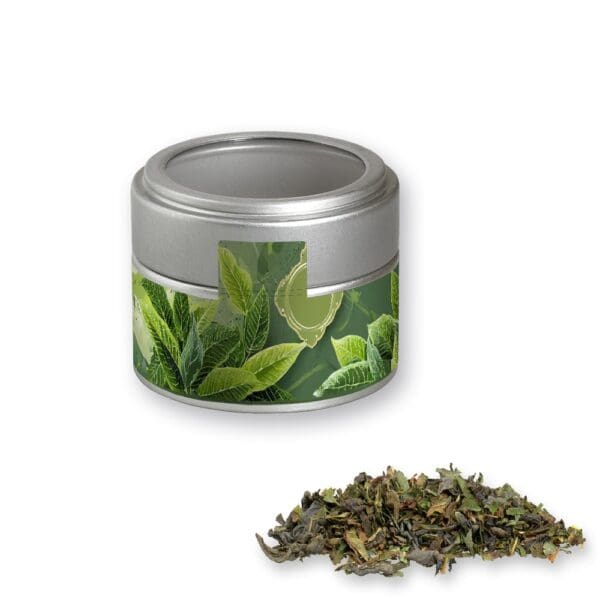 Tee Grüner mit Minze, ca. 18g, Metalldose Mini mit Sichtfenster silber