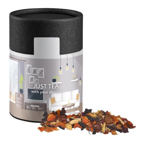 Tee, Kaminfeuer ca. 60g, Kraftpapierdose Midi schwarz