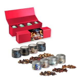 Teesorten, Verschiedene Weihnachts , ca. 120-140g, Geschenk-Set Premium rot mit Magnetverschluss und 4 Metalldosen Mini mit Sichtfenste