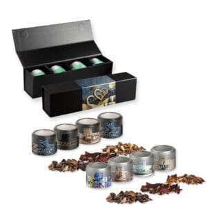 Teesorten, Verschiedene Weihnachts , ca. 120-140g, Geschenk-Set Premium schwarz mit Magnetverschluss und 4 Metalldosen Mini mit Sichtfenster