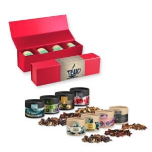 Teesorten, Verschiedene Weihnachts , ca. 80-120g, Geschenk-Set Premium rot mit Magnetverschluss und 4 Kraftpapierdosen Mini