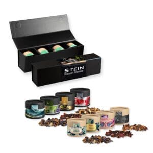 Teesorten, Verschiedene Weihnachts , ca. 80-120g, Geschenk-Set Premium schwarz mit Magnetverschluss und 4 Kraftpapierdosen Mini