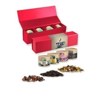 Teesorten, Verschiedene , ca. 60-140g, Geschenk-Set Premium rot mit Magnetverschluss und 4 Kraftpapierdosen Mini