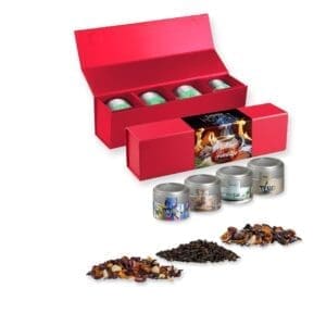 Teesorten, Verschiedene , ca. 60-140g, Geschenk-Set Premium rot mit Magnetverschluss und 4 Metalldosen Mini mit Sichtfenste
