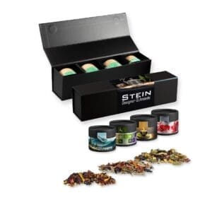 Teesorten, Verschiedene , ca. 60-140g, Geschenk-Set Premium schwarz mit Magnetverschluss und 4 Kraftpapierdosen Mini
