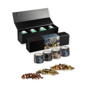 Teesorten, Verschiedene , ca. 60-140g, Geschenk-Set Premium schwarz mit Magnetverschluss und 4 Metalldosen Mini mit Sichtfenster