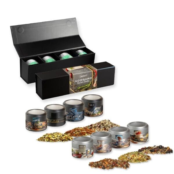 Verschiedene Weihnachts Gewürzmischungen, ca. 120-140g, Geschenk-Set Premium schwarz mit Magnetverschluss und 4 Metalldosen Mini mit Sichtfenster