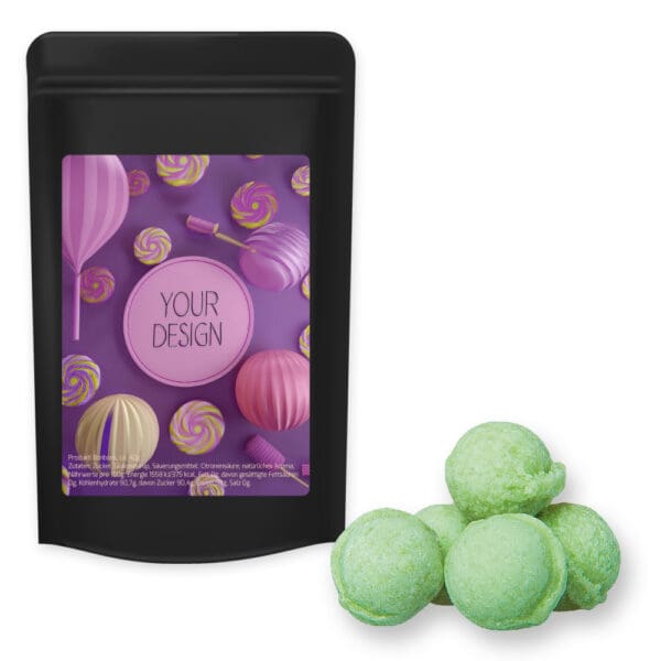 Waldmeister-Brause Bonbons, ca. 80g, Standbeutel Midi schwarz