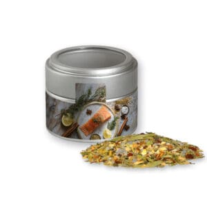 Weihnachts Gewürzmischung Fisch, ca. 55g, Metalldose Mini mit Sichtfenster silber
