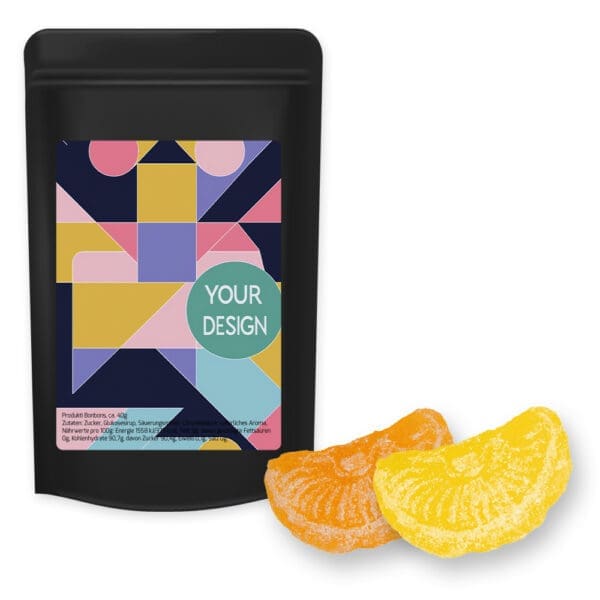 Zitrone und Orangen Bonbons, ca. 80g, Standbeutel Midi schwarz