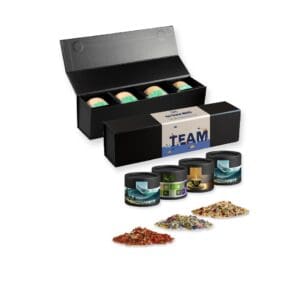 verschiedene Gewürzmischungen (Kategorie 1), ca. 120-300g, Geschenk-Set Premium schwarz mit Magnetverschluss und 4 Kraftpapierdosen Mini