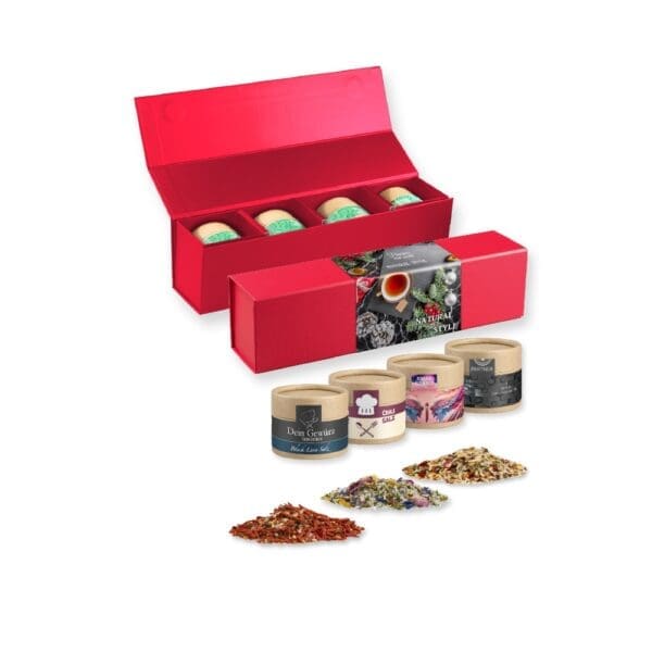 verschiedene Gewürzmischungen (Kategorie 2), ca. 40-160g, Geschenk-Set Premium rot mit Magnetverschluss und 4 Kraftpapierdosen Mini