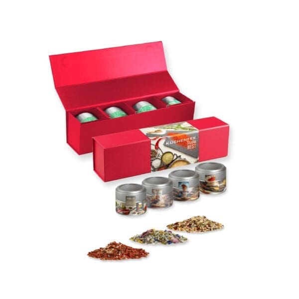 verschiedene Gewürzmischungen (Kategorie 2), ca. 64-260g, Geschenk-Set Premium rot mit Magnetverschluss und 4 Metalldosen Mini mit Sichtfenste