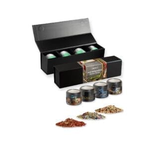 verschiedene Gewürzmischungen (Kategorie 2), ca. 64-260g, Geschenk-Set Premium schwarz mit Magnetverschluss und 4 Metalldosen Mini mit Sichtfenster
