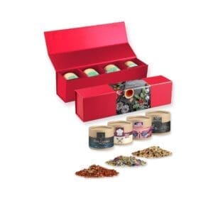 verschiedene Gewürzmischungen (Kategorie 3), ca. 100-300g, Geschenk-Set Premium rot mit Magnetverschluss und 4 Kraftpapierdosen Mini