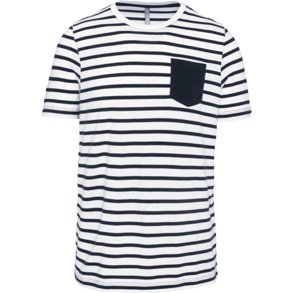 Gestreiftes Kurzarm-T-Shirt im Marine-Stil mit Tasche K378