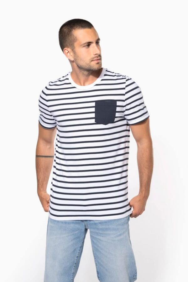 Gestreiftes Kurzarm-T-Shirt im Marine-Stil mit Tasche K378