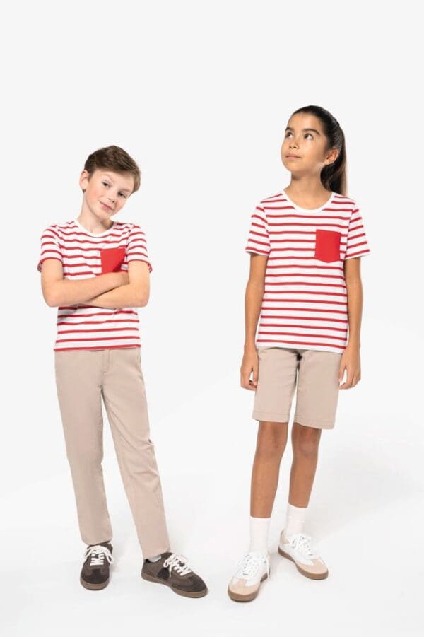 Gestreiftes Kurzarm-T-Shirt mit Tasche für Kinder im Marine-Stil K379