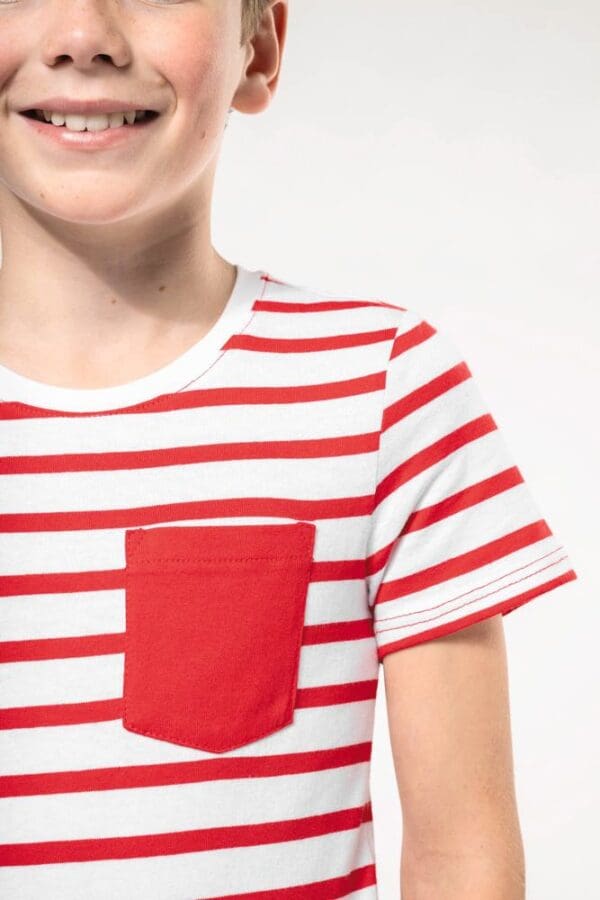 Gestreiftes Kurzarm-T-Shirt mit Tasche für Kinder im Marine-Stil K379