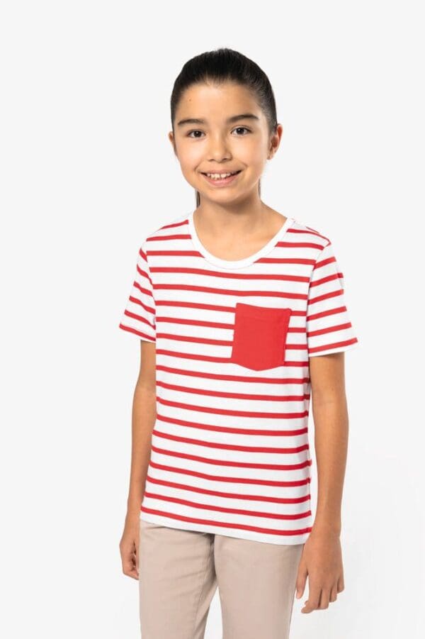 Gestreiftes Kurzarm-T-Shirt mit Tasche für Kinder im Marine-Stil K379