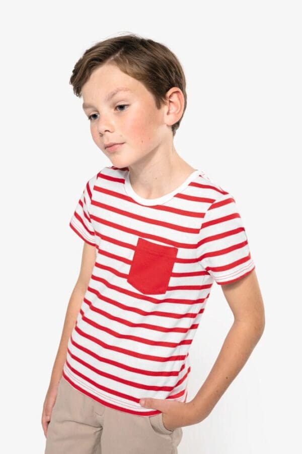 Gestreiftes Kurzarm-T-Shirt mit Tasche für Kinder im Marine-Stil K379