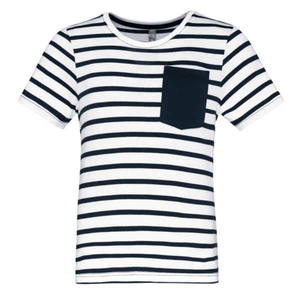Gestreiftes Kurzarm-T-Shirt mit Tasche für Kinder im Marine-Stil K379