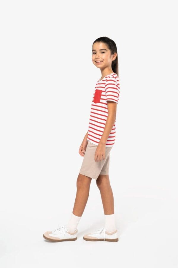 Gestreiftes Kurzarm-T-Shirt mit Tasche für Kinder im Marine-Stil K379